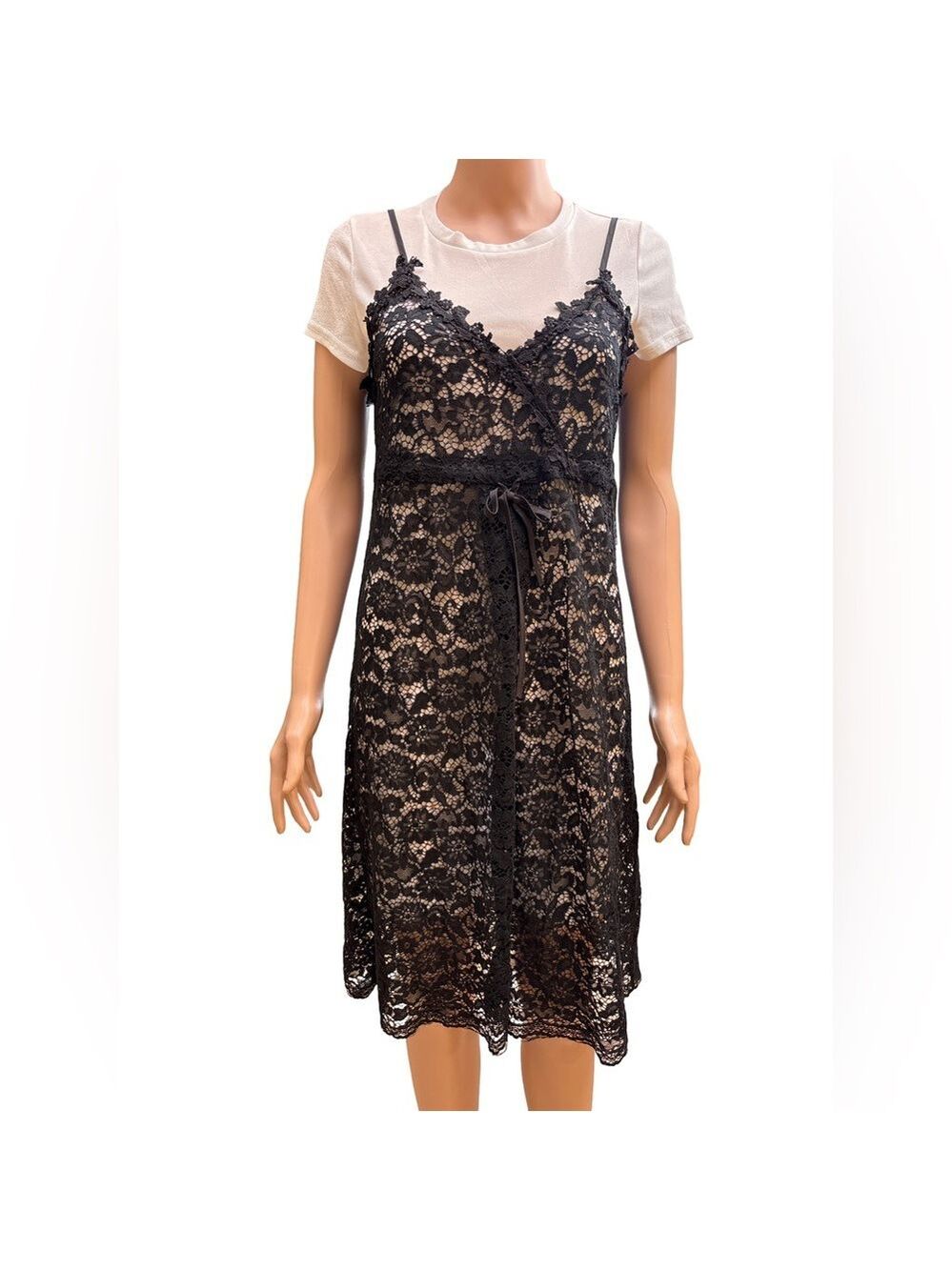 Elegant White T-Shirt Style Dress with Black Lace Overlay (2 pieces) Large